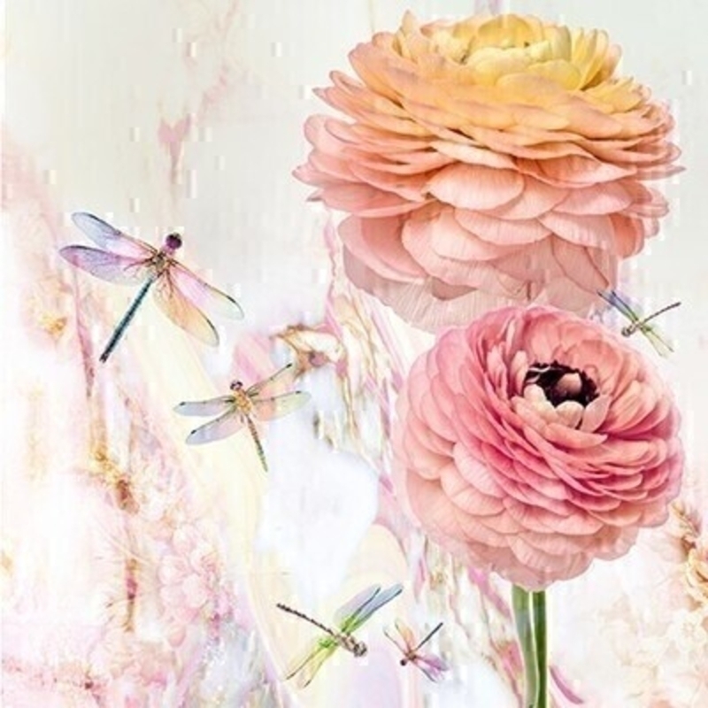 Peonies and Dragonflies Blank Greetings Card by Paper Rose This blank greetings card from Paper Rose has a wonderful design of pink and coral peonies together with dragonflies.  The bright design is blank inside to write your own message.  This is a lovely card to send for any occasion to anyone who loves flowers.